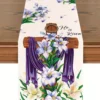 1pc Easter Celebration Table Runner - Linen Rectangular Woven Table Flag with Cross and Floral Design 1