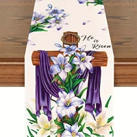 1pc Easter Celebration Table Runner - Linen Rectangular Woven Table Flag with Cross and Floral Design 1