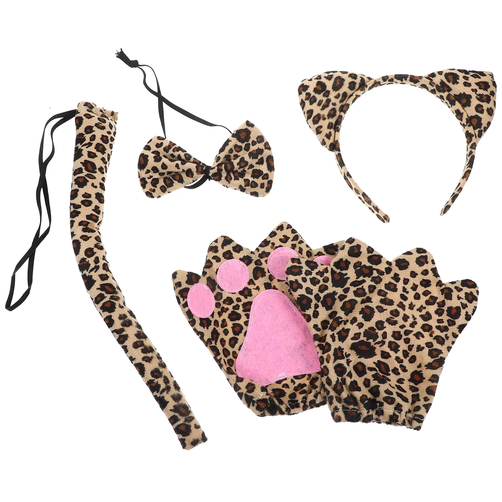 Make up Leopard Print Headband Set Women's Costumes Gloves Short Plush Cosplay Suit 5