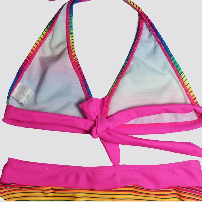 New Girl Rainbow Color Bathing Suit Girls Tight Elastic Stripe Swimwear Children Split Swimwear Girls Bikini Girl Beach Swimsuit