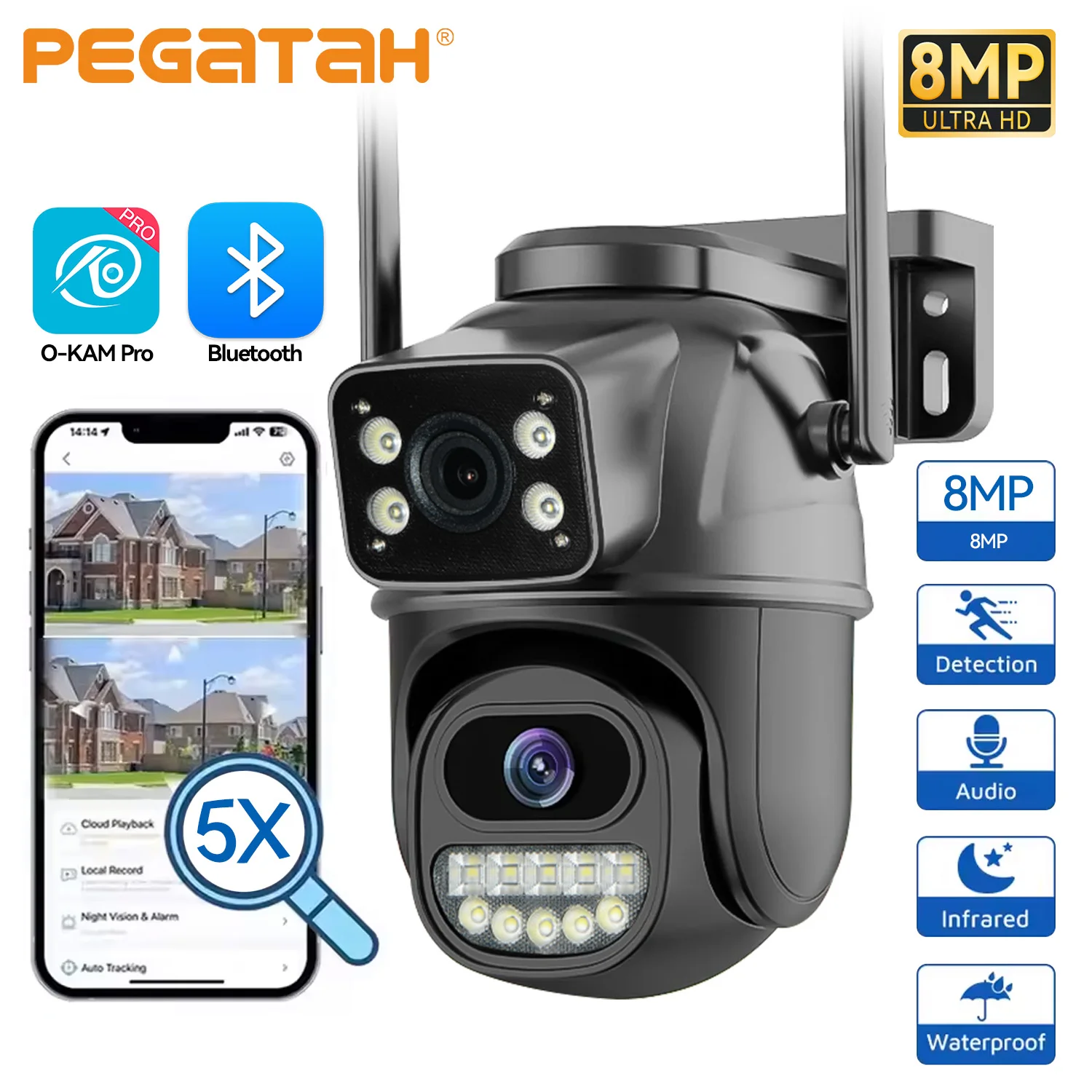 PEGATAH 10MP 실외 WiFi 보안 카메라 듀얼 스크린 10배 줌 인체 감지 10MP PTZ IP 카메라 O-Kam Pro