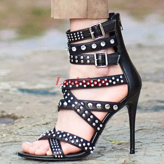 

2022 New Large Size Solid Color Black Leather Rivet Back Zipper Sexy High Heels Lace Up Sandals Party Ladies High Heels