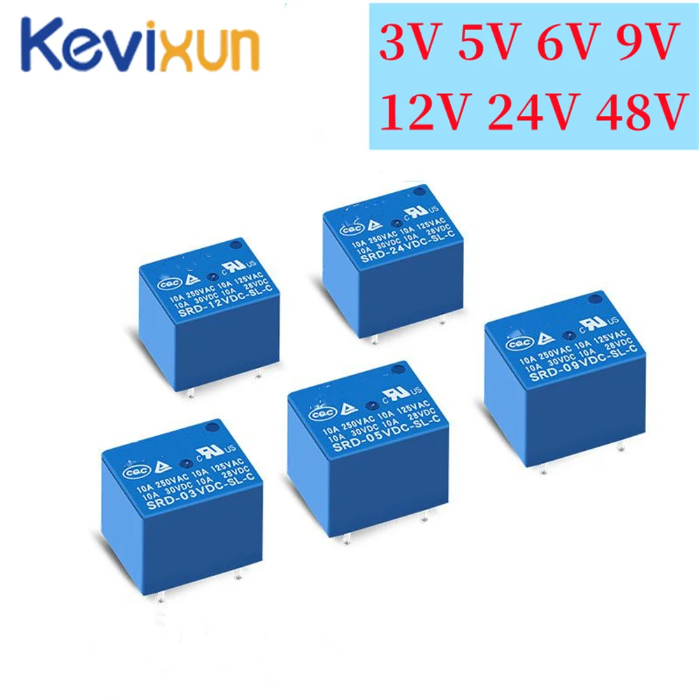 10PCS/ Relays SRD-03VDC-SL-C SRD-05VDC-SL-C SRD-06VDC-SL-C SRD-09VDC-SL-C SRD-12VDC-SL-C 3V 5V 6V 9V 12V 24V 48V 10A 250VAC 5PIN