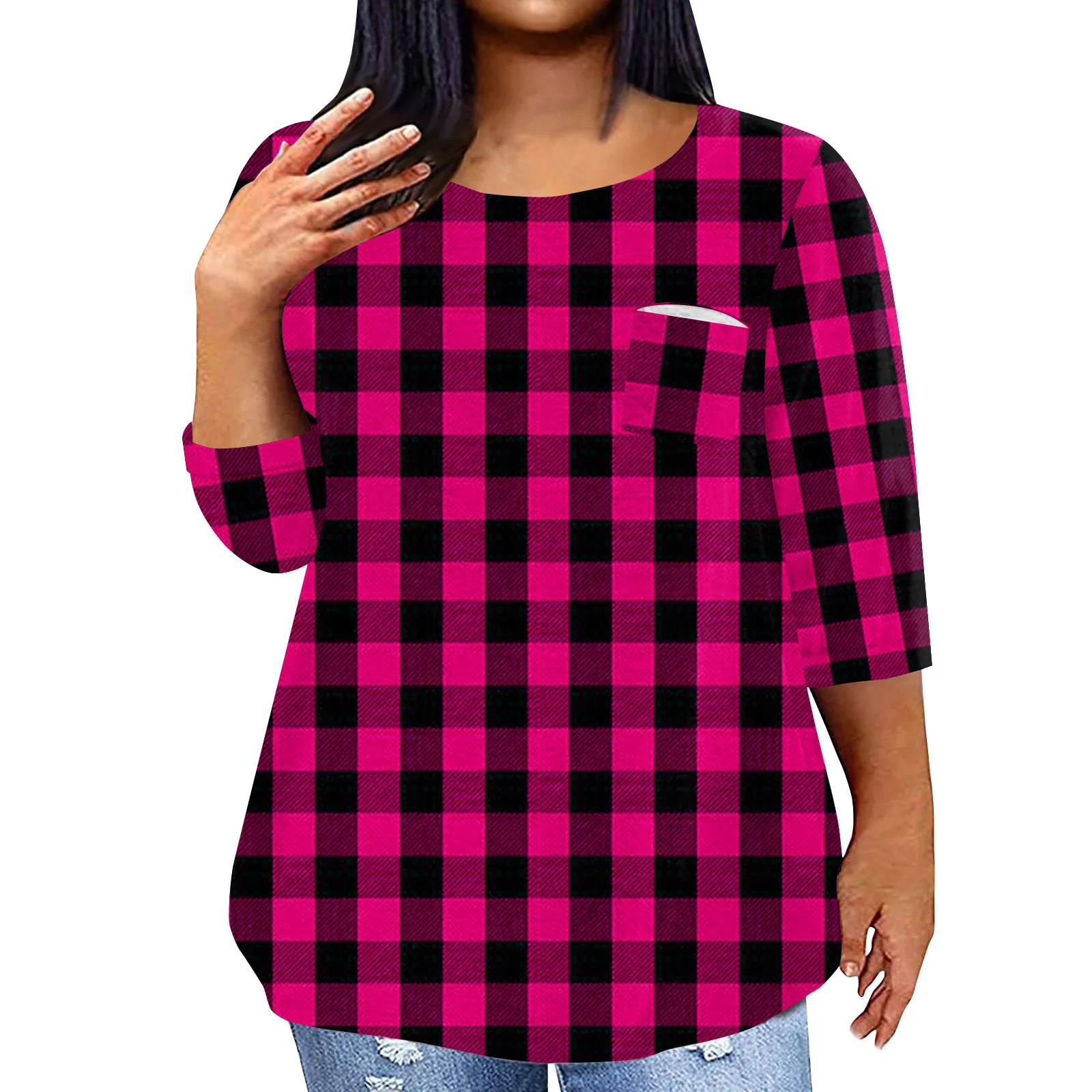 

Women Trendy Tees Simple Casual Plaid Print Tops Spring Autumn O Neck 3/4 Sleeve T Shirt Y2k Streetwear Loose Tops Ropa Mujer