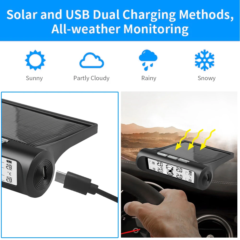 Allarme pressione pneumatici per auto a energia solare Display digitale Auto Smart Tpms Sistema di monitoraggio della pressione dei pneumatici Avviso temperatura con sensore - immagine 5