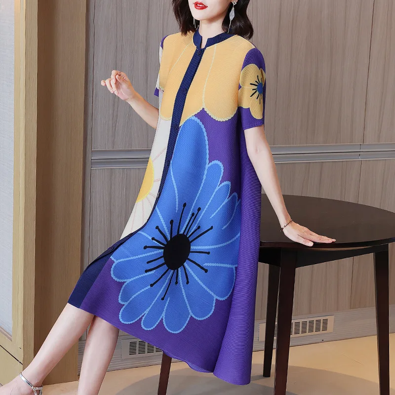

High-end pleated fashion printed short-sleeve dress women's summer new loose dress