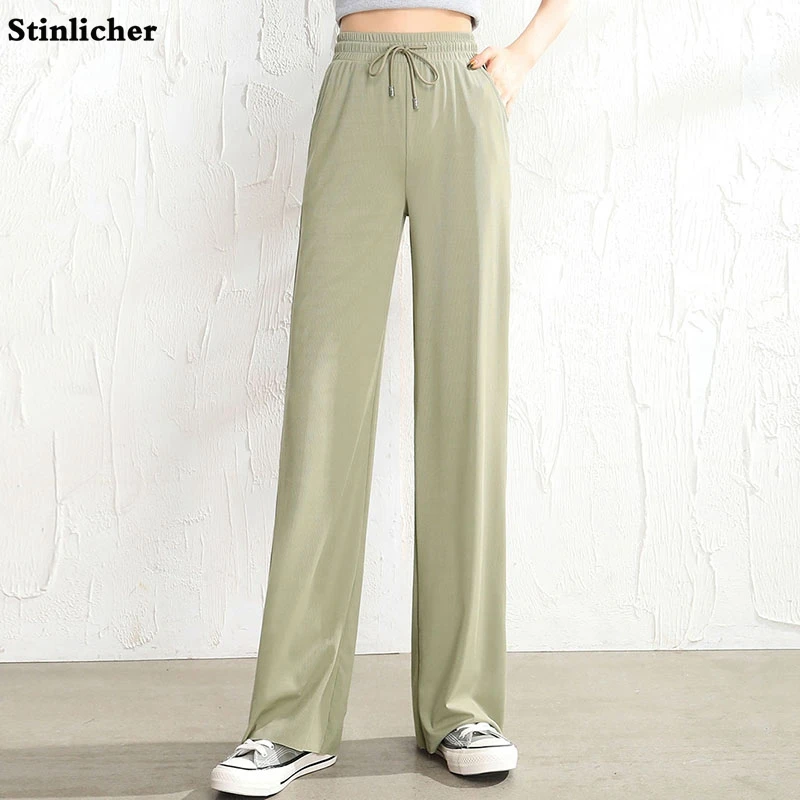 

Women Ice Silk Wide Leg Pants Bottoms Casual Loose Drawstring Fashion Ladies Spring Summer Straight Pants Women Trousers