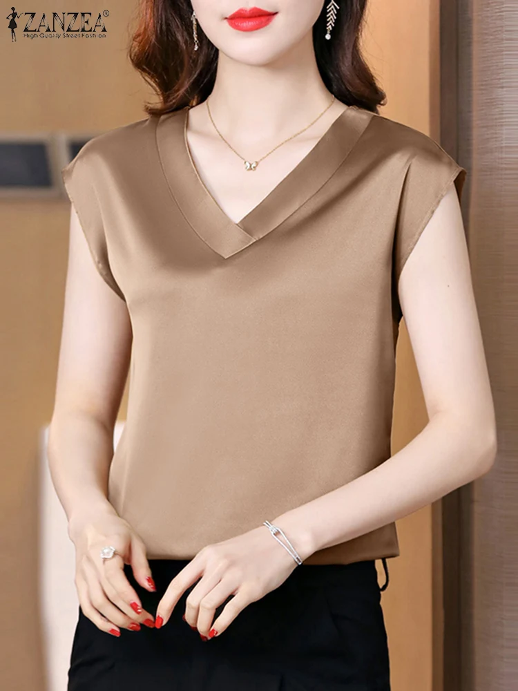 

ZANZEA Fashion Short Sleeve Blouse Summer Elegant Satin Chemise Woman Casual Tunic Tops Female Stylish Solid Shirt Oversized