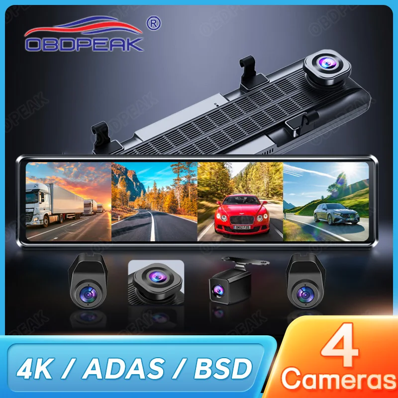 OBDPEAK A8 4CH Rearview Mirror Dash Cam 4K Front,Rear and