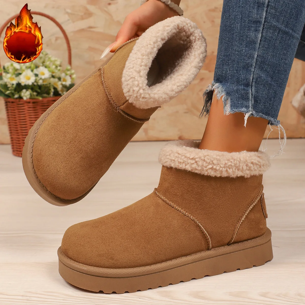 Warm Short Plush Non Slip Snow Boots Women 2025 Winter Fashion Solid Suede Ankle Booties Comfort Thick Bottom Slip On Boots
