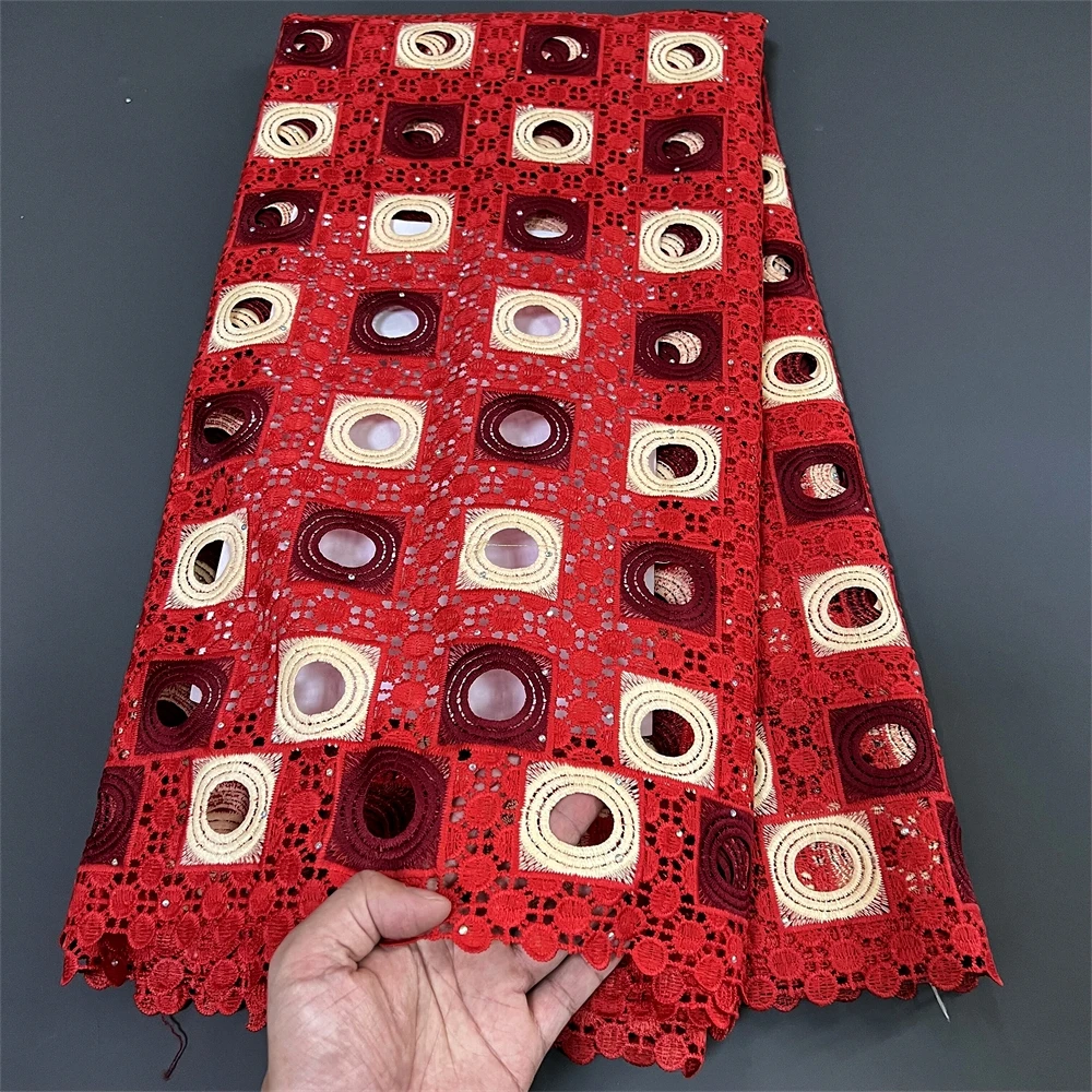 

African Fabrics 3d Embroidery For Women Party Dresses With Rhinestone 5Yards Water Soluble Red Cotton Sequins Lace Fabric 2023