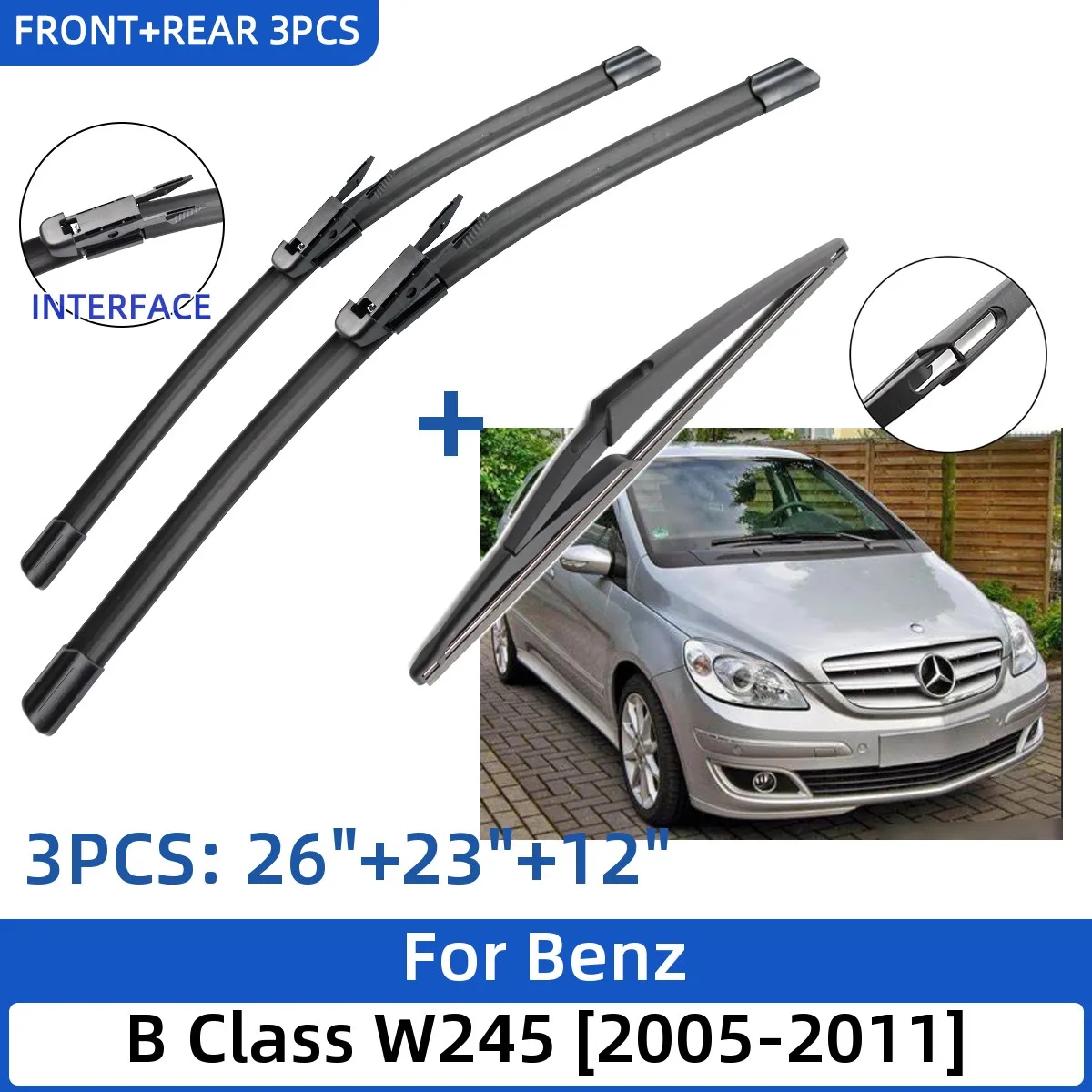 

For Benz B Class W245 2005-2011 26"+23"+12" Front Rear Wiper Blades Windshield Windscreen Window Cutter Accessories 2010 2011