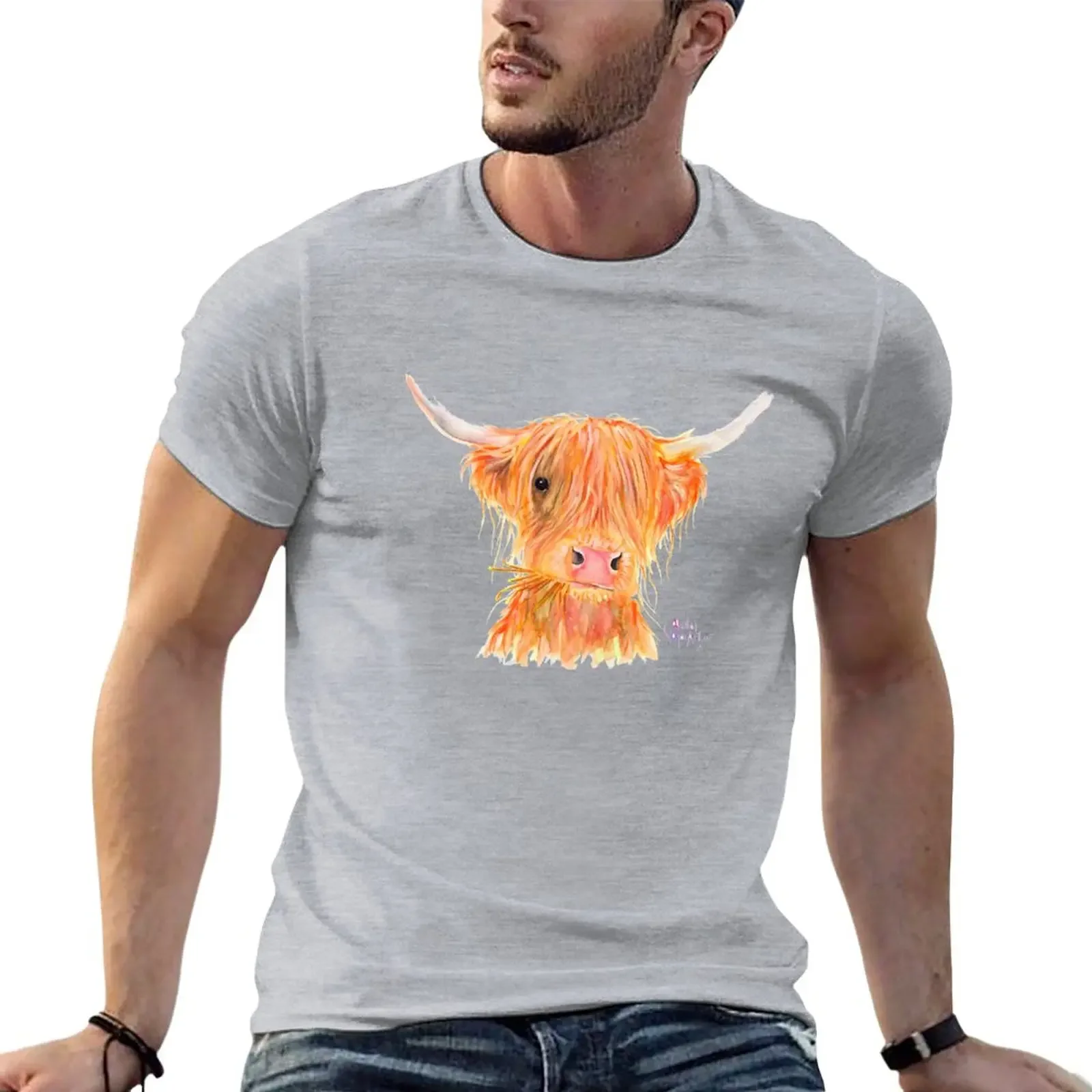 

SCOTTISH HIGHLAND COW 'FERGUS' By Shirley MacArthur T-Shirt summer clothes tees t shirts men