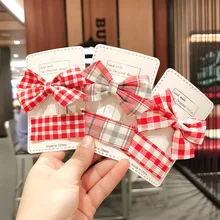 

2PCS/Set Korean Red Pink Plaid Fabric Cloth Bow Hairpin For Girl Children Princess Dot Hair Clips Barrettes Fashion Accessories