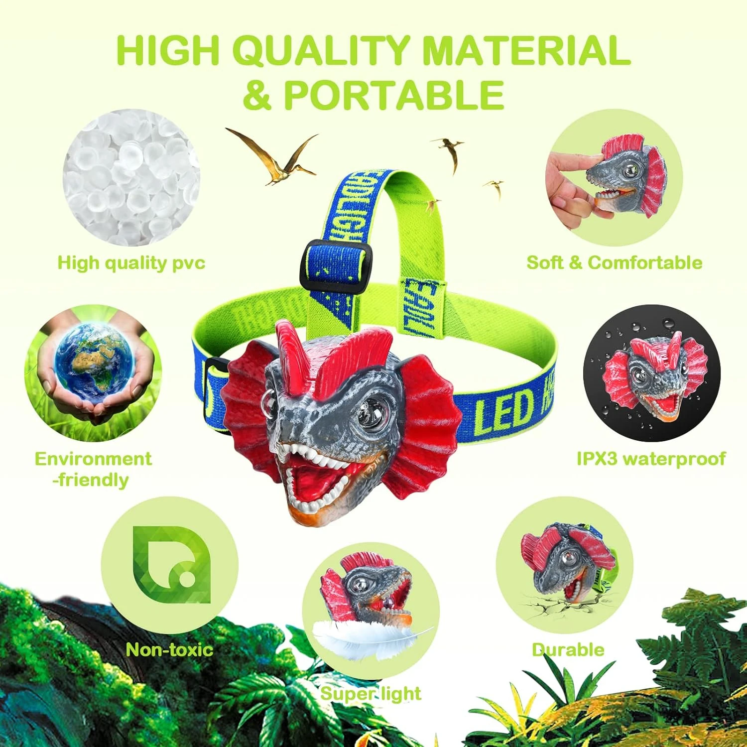 High-quality, long-lasting LED headlamp for kids. Unique dinosaur design with adjustable strap for a comfortable fit. Explore in