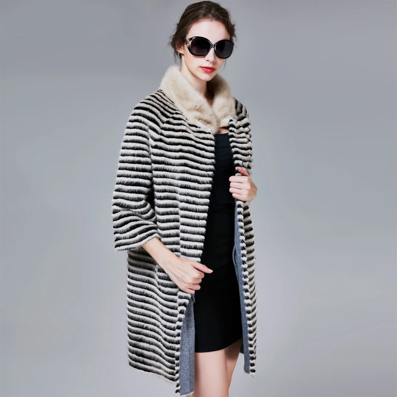 Hot Sale Faux Mink Rabbit Fur Coat Long Casual Soft And Comfortable Standing Collar Striped Ladies Coat