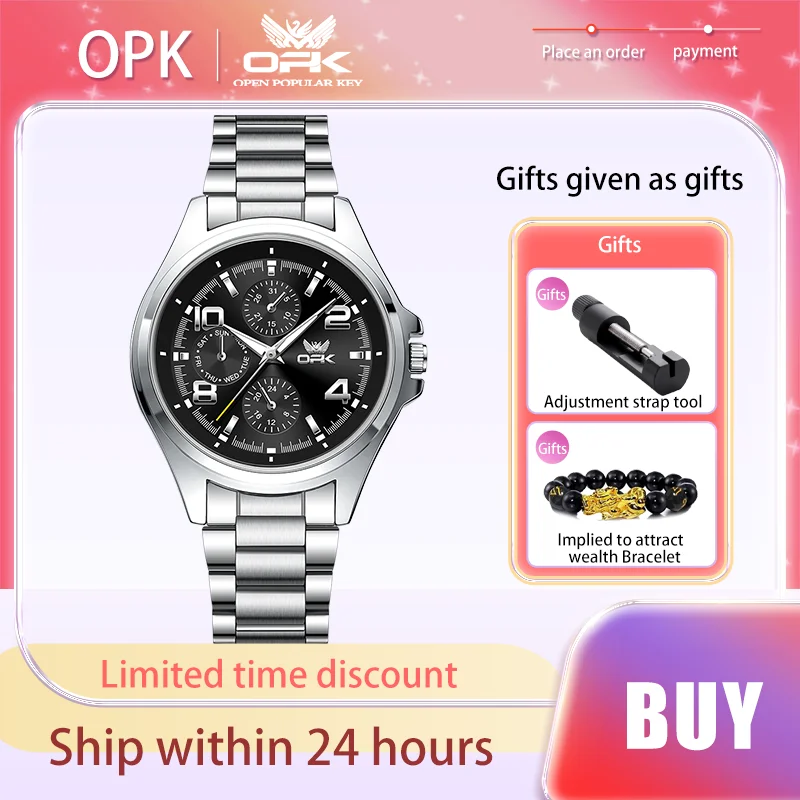 

OPK Original Brand Men Watch Waterproof Luminous Quartz Watch Week Timer Trend Male Wristwatch Business Stainless Steel Strap