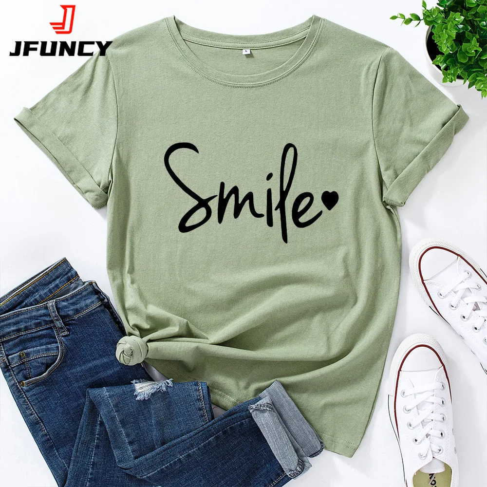 

JFUNCY Oversized Women's Tees 100% Cotton Short Sleeve T-shirt Smile Letter Print Graphic T Shirt Female Tshirt Woman Tops