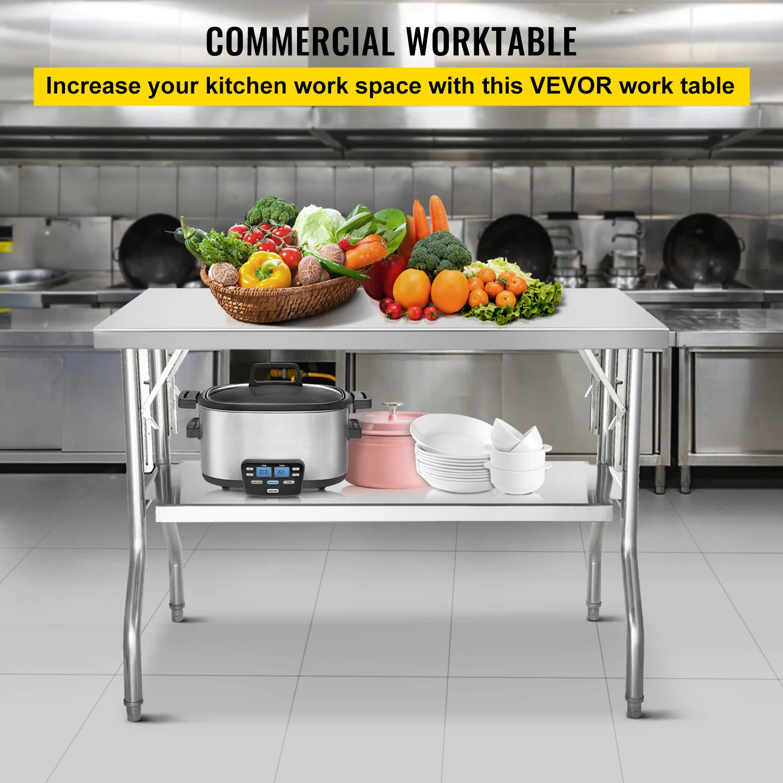 SucceBuy Folding Commercial Prep Table Commercial Worktable Workstation with Undershelf Folding Table for Home Kitchen