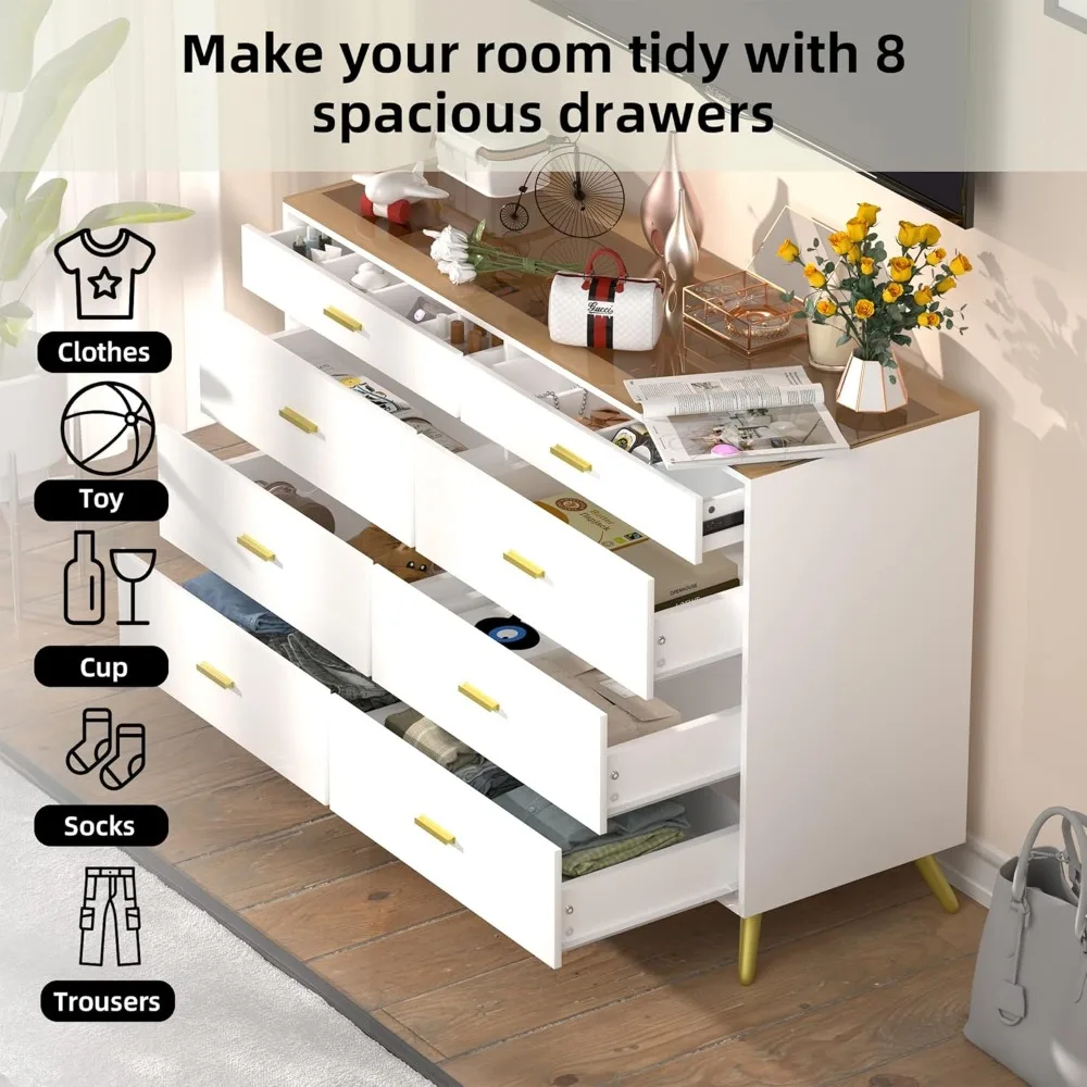 Dresser with LED Lights for Bedroom,8 Drawer Dressers with Tempered Glass Top,Chests of Drawers with 2 Grid Drawer,Living Room 3