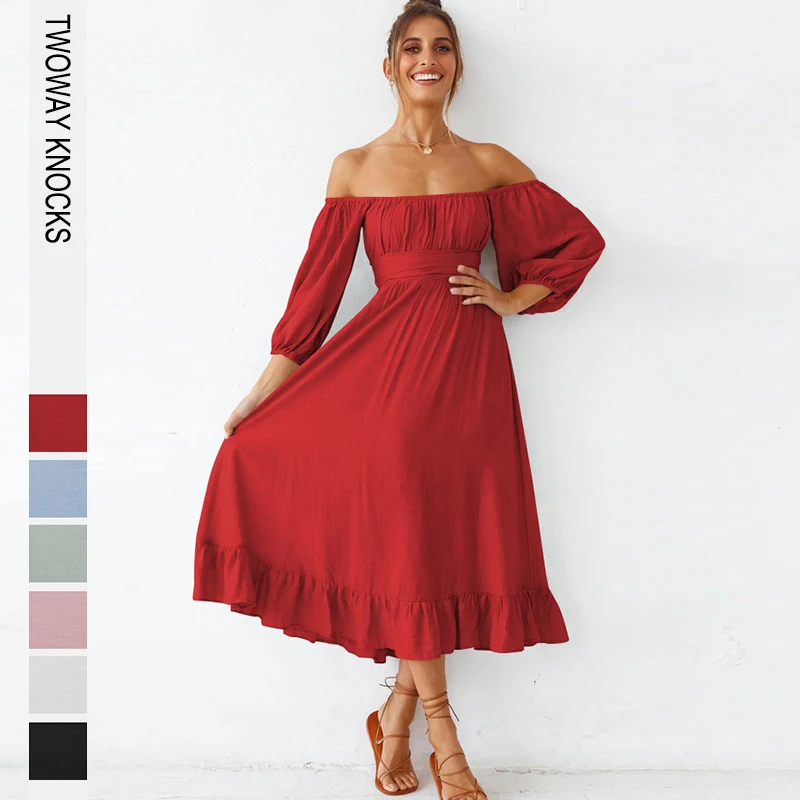 

Women High Quality Off Shoulder Square Neck Lantern Sleeves Dresses French Elegant half sleeve Tie Bow Sexy Backless Long Dress