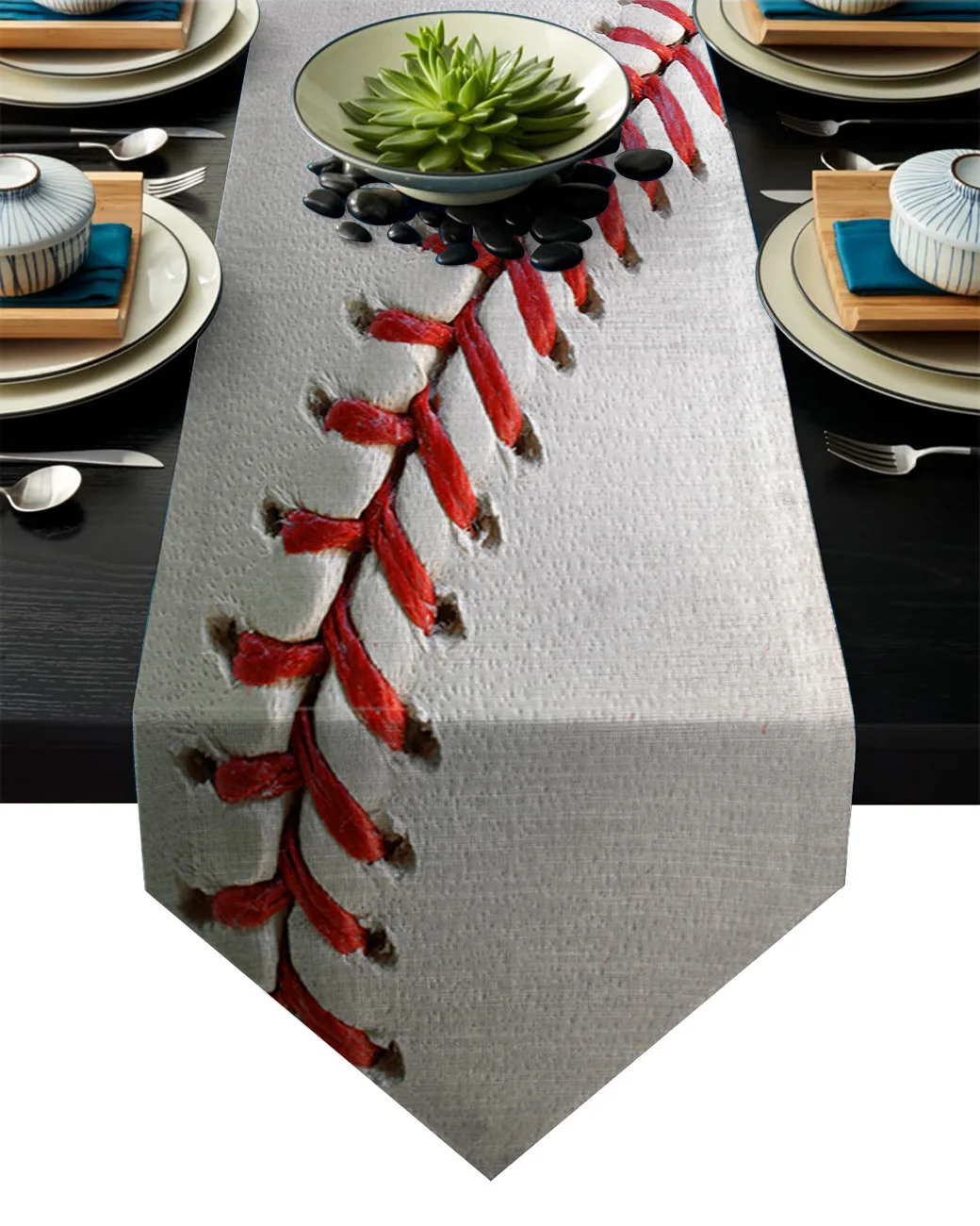 Modern Table Runner Sport Baseball Texture Stitching Red White Print