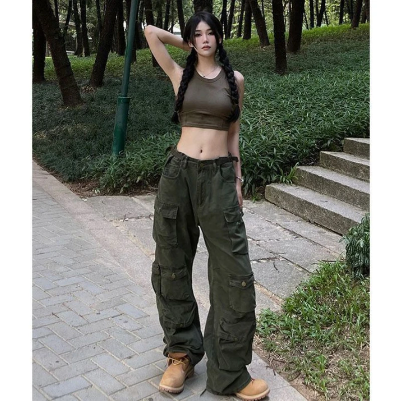 

American Retro Gothic Multi-pocket Women Overalls Y2K Street Heavy Industry Harajuku Punk Hip-hop Loose Straight Casual Jeans
