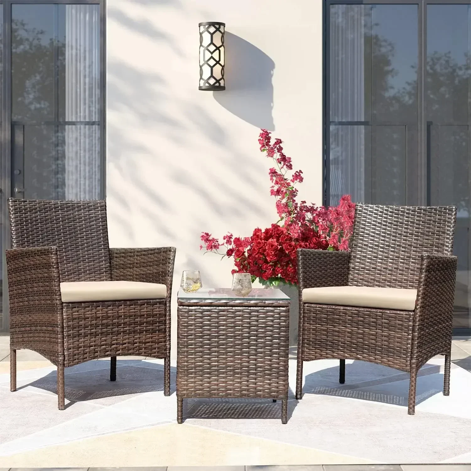New2025-3 Pieces Patio Furniture Sets Outdoor PE Rattan Wicker Chairs with Soft Cushion and Glass Coffee Table for Garden Backya
