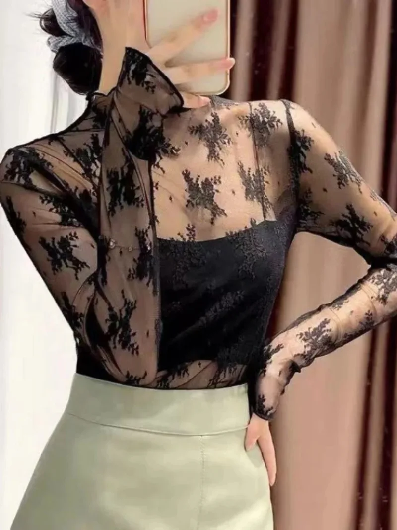 

Women Lace Floral Turtleneck T Shirt Transparent Mesh Ladies Tops Sheer Blouses Autumn See-Through Black Long Sleeve T shirt