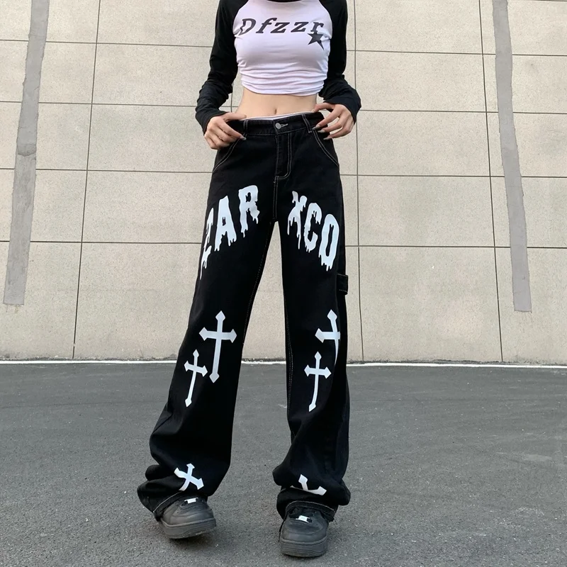 American Hip-hop Jeans Women Fashion Label Letter Cross Printed Straight Leg Wide Leg Pants Jeans Trousers