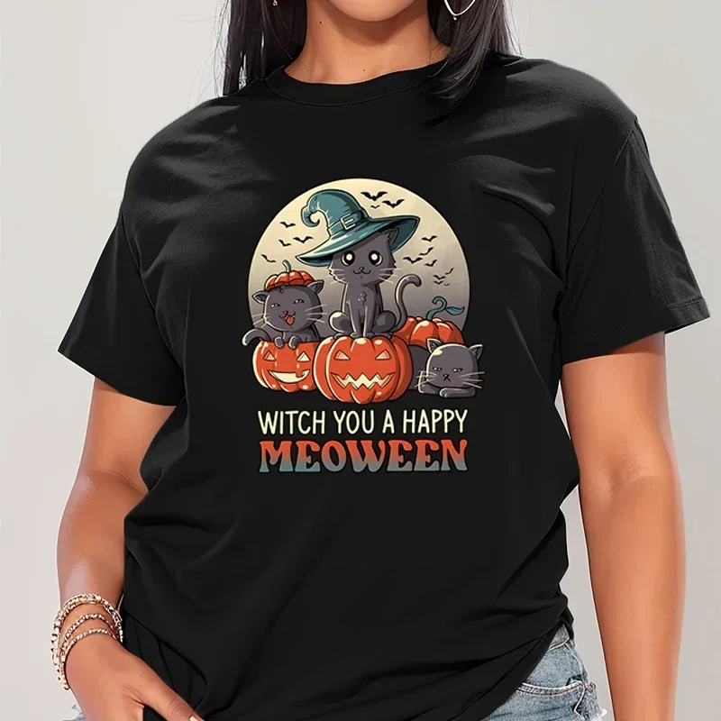 

Забавная женская рубашка с надписью Witch You A Happy Meoween, забавная рубашка с графическим рисунком три ведьмы, кошка, стоячая тыква, Повседневная футболка с коротким рукавом