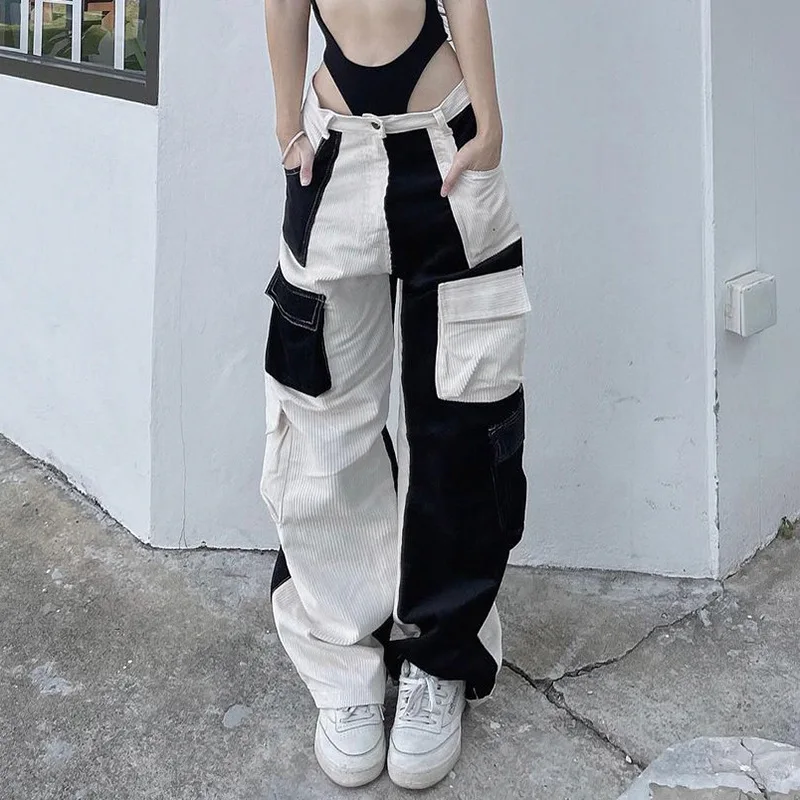 

Contrast Color Patchwork Corduroy Cargo Pants Women Korean Fashion Pockets Stitch LowWaist Streetwear Straight Trousers