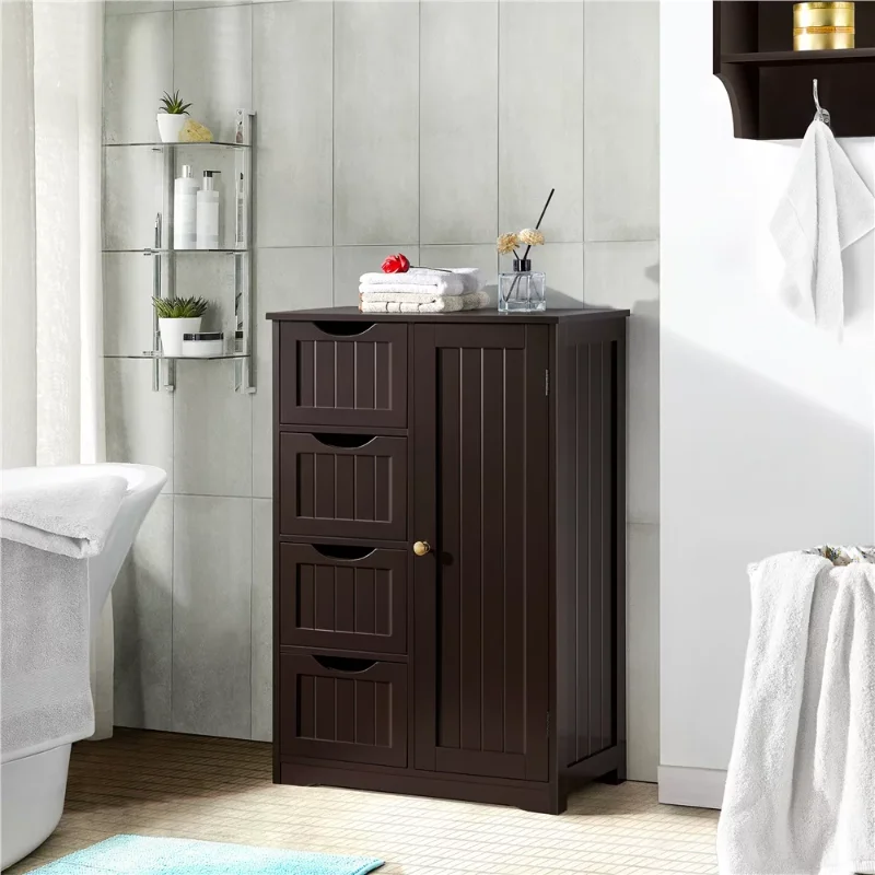 

Alden Design Wooden Bathroom Storage Cabinet with 4 Drawers & Cupboard, Espresso bathroom cabinet storage cabinet