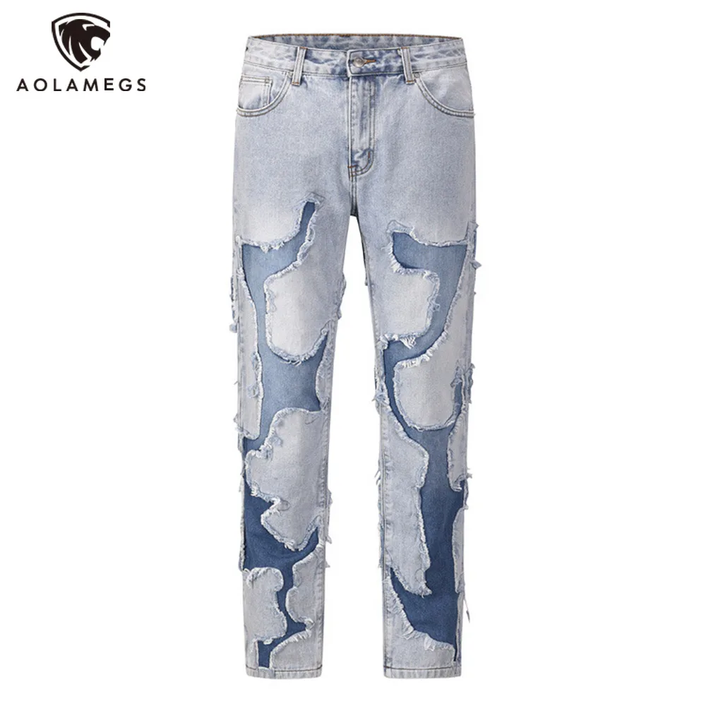 

High Street Patchwork Frayed Jeans Pants for Men Retro Washed Hole Ripped Casual Loose Blue Denim Trousers Oversized Streetwear