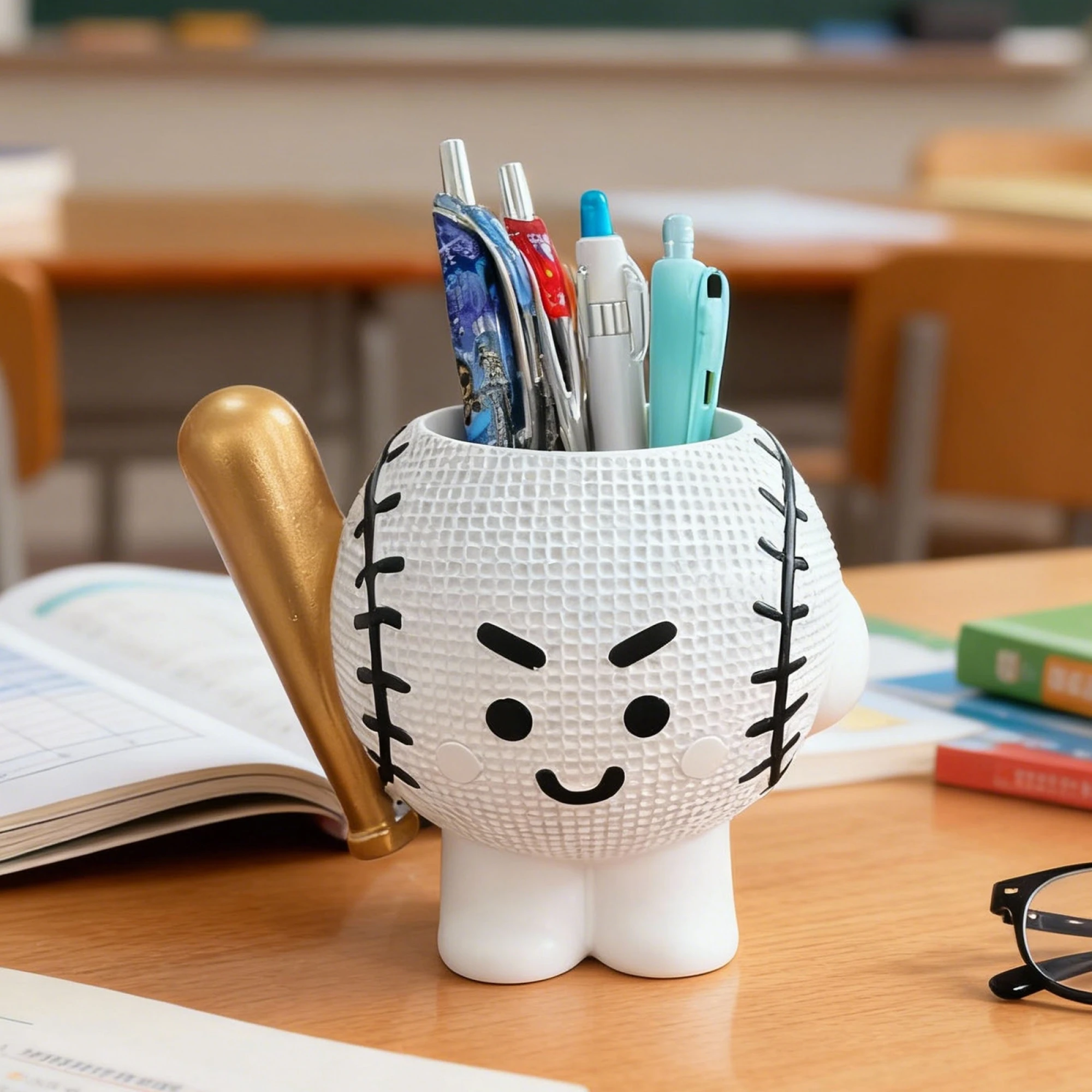 Baseball-themed Resin Desk Organizer with Flower Pot Design - Adorable Pencil Holder for Home or Office Desktop Storage