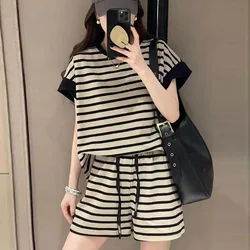 Women Striped Clothing Sets Short Sleeve T-shirt+Drawstring Shorts Two Pieces Suits Summer Loose Tracksuit Ladies Casual Outfits