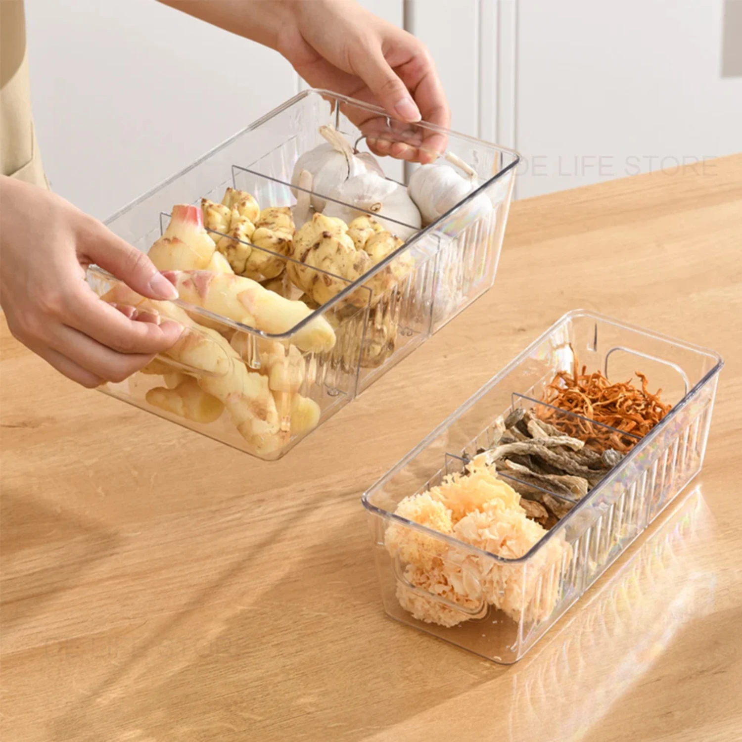 Plastic Refrigerator Food Box Organizer with Divider for Fruits-Kitchen Organization Storage Tray for Fresh Produce and Snacks