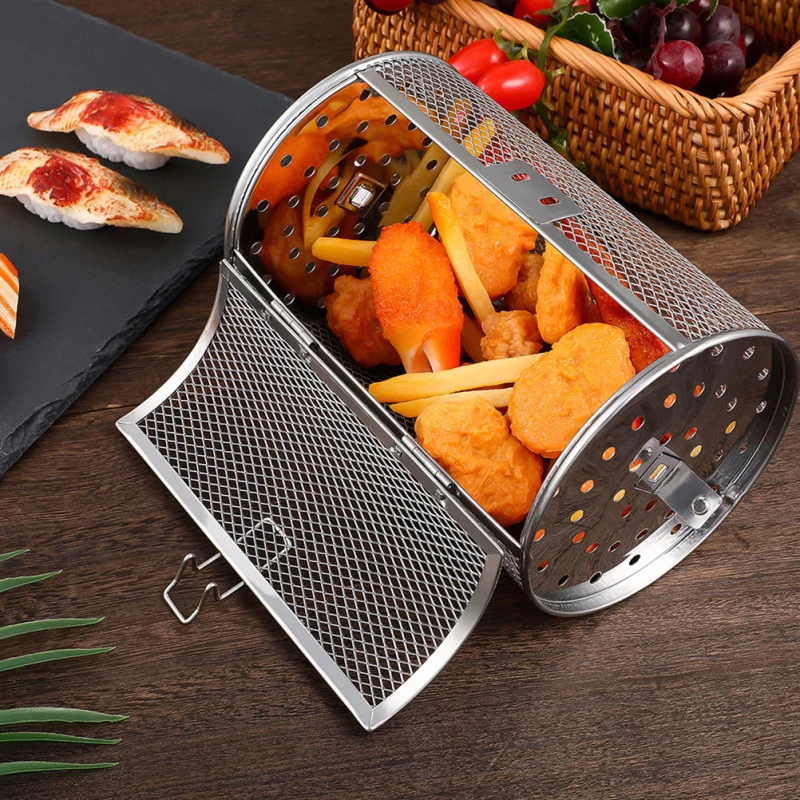 Stainless Steel Grill Rotisserie Oven Kitchen Fry Basket Coffee Bean Rotating Grilled Cage Drum Rack Air Fryer Accessories BBQ Basket Grill Oven Accessories