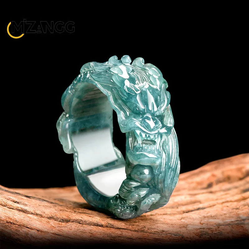 

High Quality Jadeite Blue Water Dragon King Ring Three-dimensional Carved Ice Jade Dragon Men Ring Exquisite Jewelry Holiday Gif