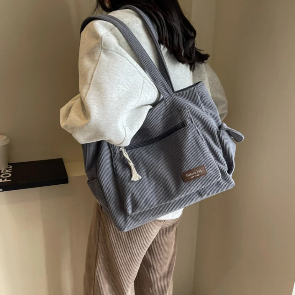 Simplicity Trend Corduroy Women’s Tote Bags Casual Multi Pockets Solid Color Shoulder Bags Handbag Large Capacity Commuter Bag