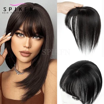 Brown 5x9cm Real Human Hair Topper 8"-14" Natural Straight Top Hairpieces  Blonde Brown Hair Topper Middle Part with Bangs