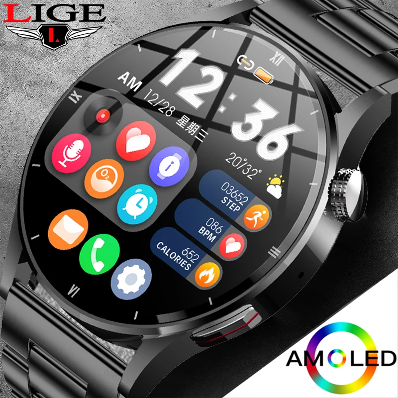 Lige Watch For Men Smart Watch AMOLED HD Screen Body Temperature Detection Ai Smart Voice Smartwatch