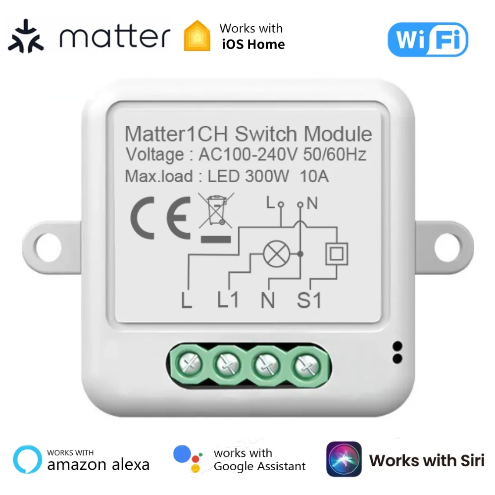 Matter WiFi Smart Switch Smart Home 10A Automation Light Switch Relay Module Works with Homekit Siri Alexa Google Home