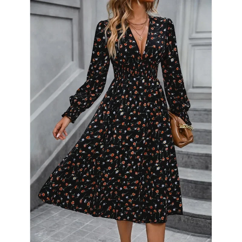 

2023 Spring and Autumn Women's Pullover V-neck Floral Long Sleeve Folds Shirring Sexy High Waist Fashion Party Casual Dresses