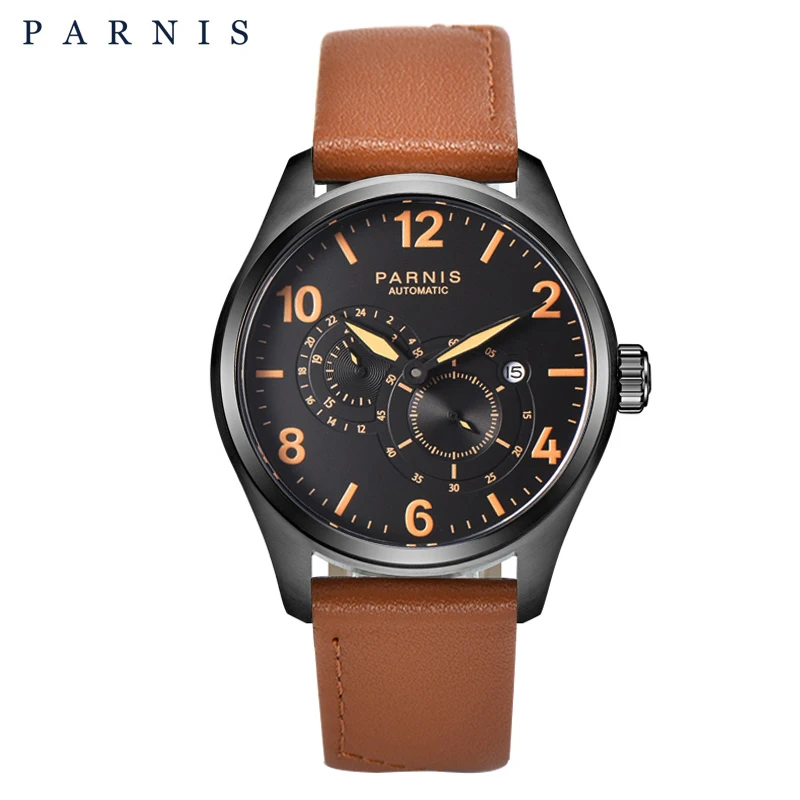 

Luxury Brand Parnis 44mm Black Case Men Watch Leather Strap Luminous Mechanical Automatic Men's Sports Wristwatches reloj hombre