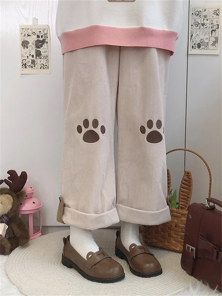 

HOUZHOU Harajuku Kawaii Beige Corduroy Pants Cute Japanese Style Lolita Brown Wide Leg Trousers Embroidery Sweet Black Pantalon