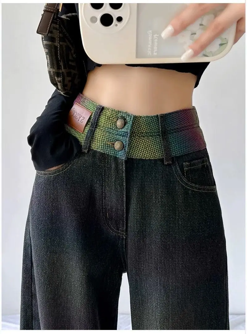 Chic Double Waistband Vintage Wide Leg Jeans Women Autumn High Waist Bagge Cargo Pants Woman Y2K Streetwear Loose Denim Trousers