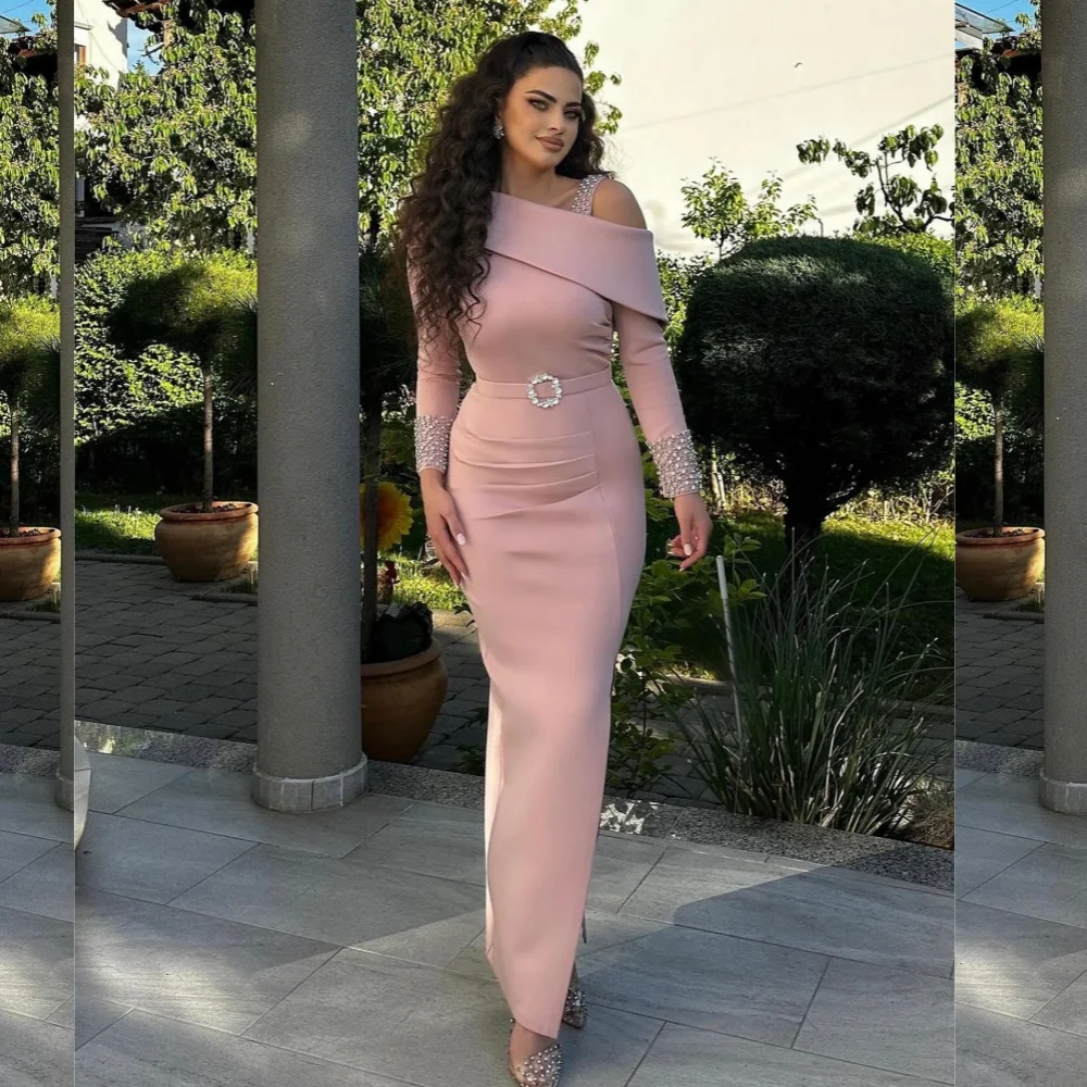 Jersey Rhinestone Sash Christmas Sheath Off-the-shoulder Bespoke Occasion Gown Long Dresses