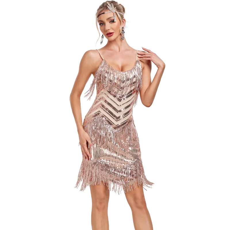 

1920S Dinner Party Gatsby Sexy Nightclub SequinS Tassel Dance Dress Host 8025