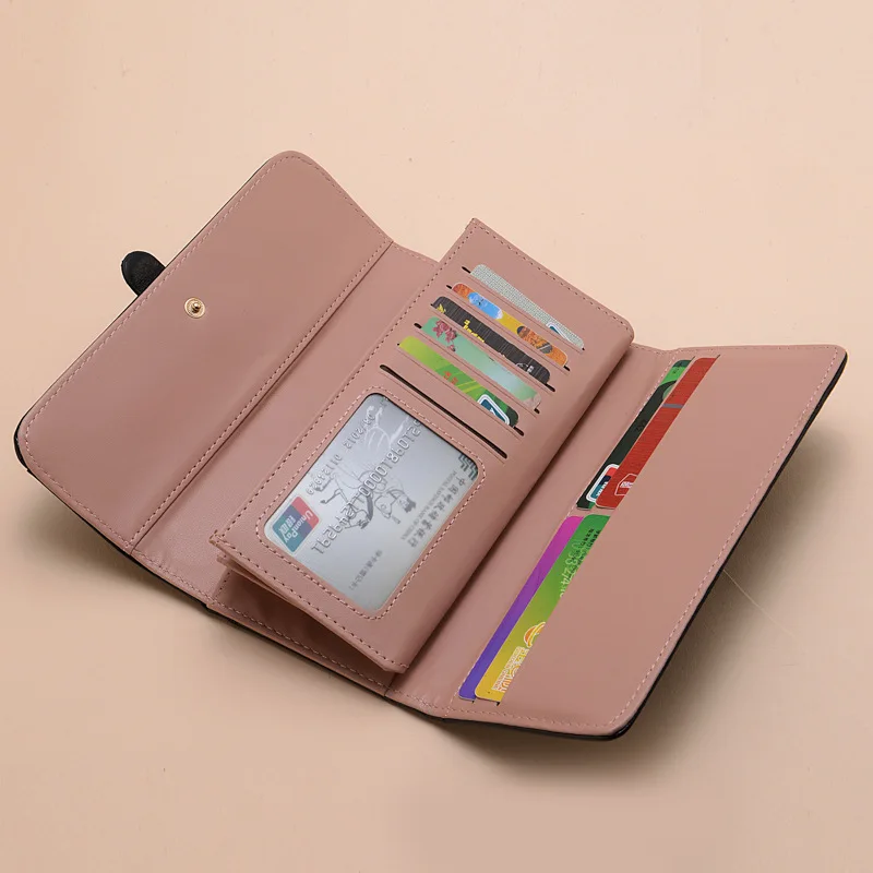 Women's purse long fashion oil wax leather three fold draw with solid color retro women's purse purse card bag wholesale
